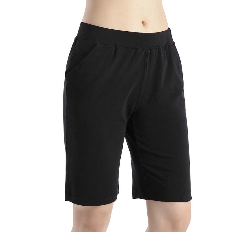 QingWan Womens Knee Length Shorts with Pockets Plus Size Elastic Waist Short Pants Yoga Black - Image 1